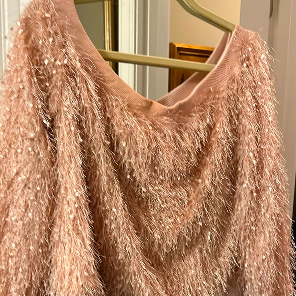 Blush pink fringe detail eyelash fringe crop top size 2 x off the shoulder NWOT